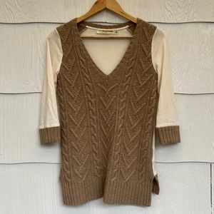 Pilcro Tan & Cream Mixed Media Cable Knit Vee Neck Sweater - Size Small S